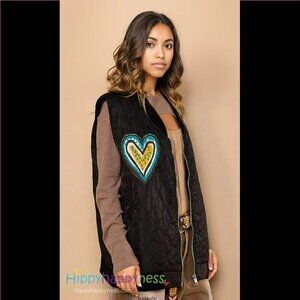 POL Clothing Whimsical Light Quilted Vest Black with Heart Patches S/M & M/L NWT
